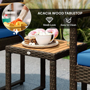 Rattan bistro set with acacia wood table and removable cushions, dark blue