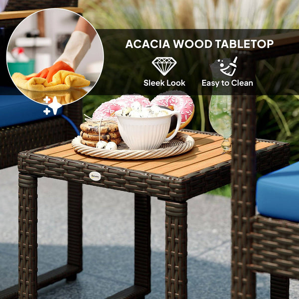 Rattan bistro set with acacia wood table and removable cushions, dark blue