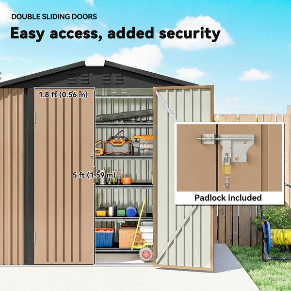 Metal garden shed, with lockable double door and 4 vents, brown.