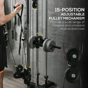 Wall-mounted dual pulley weight station, adjustable to 15 positions