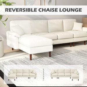 Modern L-shaped sectional sofa with removable chaise, cushions and wooden legs, cream white