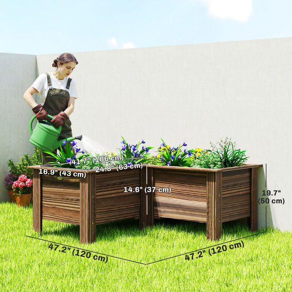 L-shaped raised wooden planter