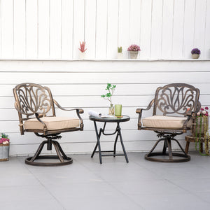 Set of 2 swivel chairs with cushions, aluminium frame, bronze colour.