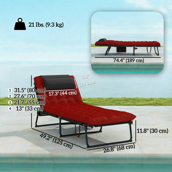 Folding Lounge Chair with 4-level Reclining Back & Cushion, Wine Red