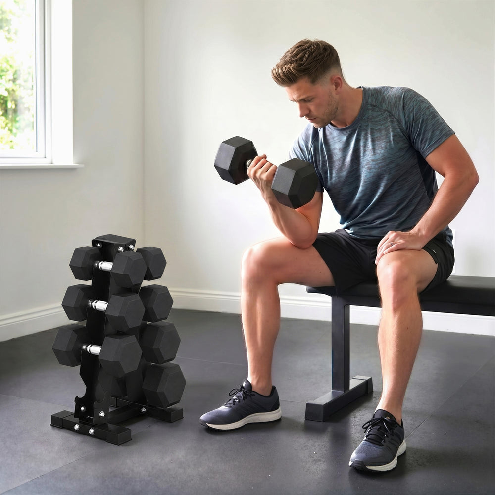 Set of 8 hexagonal dumbbells from 15 to 30 lbs with vertical storage rack