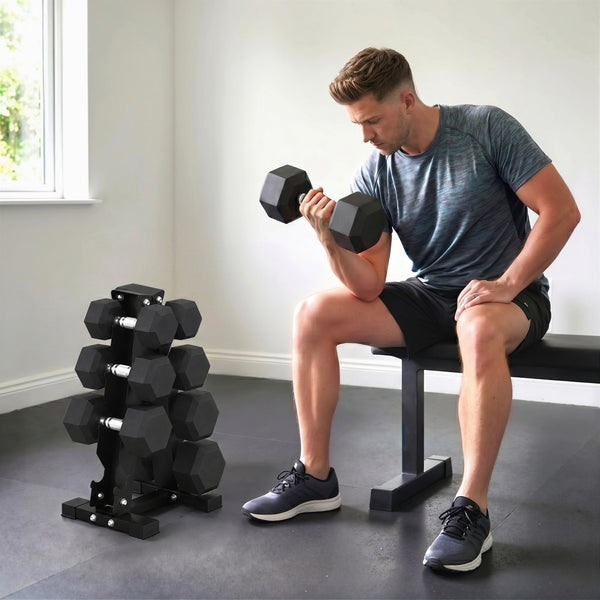 Set of 8 hexagonal dumbbells from 15 to 30 lbs with vertical storage rack