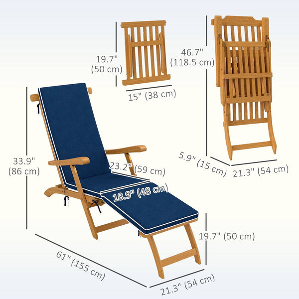 Folding Sun Lounger with Padded Cushion, Acacia Wood Recliner with Footrest for Garden, Navy Blue