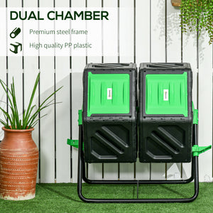 Rotating double-chamber composter with 24 vents and steel legs, green