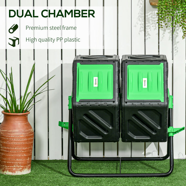 Rotating double-chamber composter with 24 vents and steel legs, green
