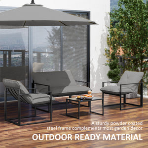 4 Piece Outdoor Furniture Set, Patio Conversation Set with Tempered Glass Table, Loveseat, 2 Chairs and Cushions, Grey