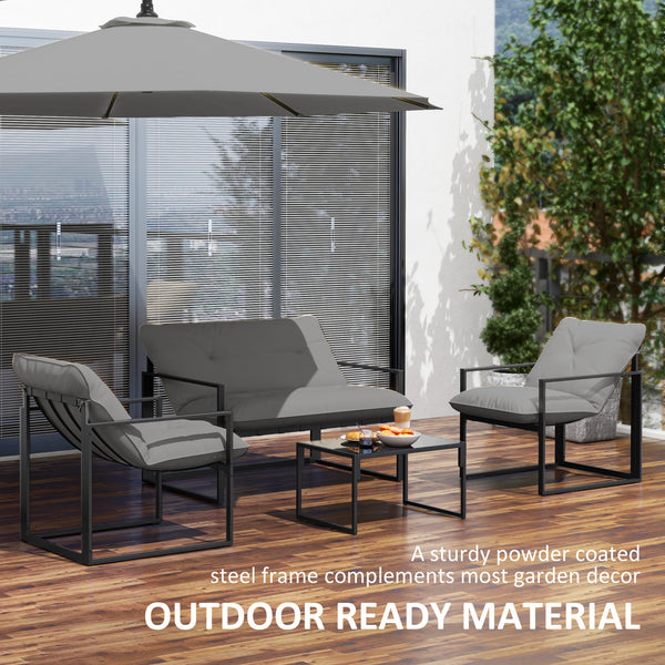 4 Piece Outdoor Furniture Set, Patio Conversation Set with Tempered Glass Table, Loveseat, 2 Chairs and Cushions, Grey