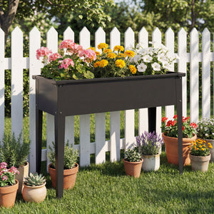 Raised garden bed with reinforced corners, metal on legs with drainage hole, black
