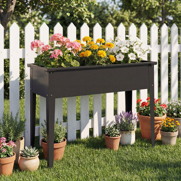 Raised garden bed with reinforced corners, metal on legs with drainage hole, black