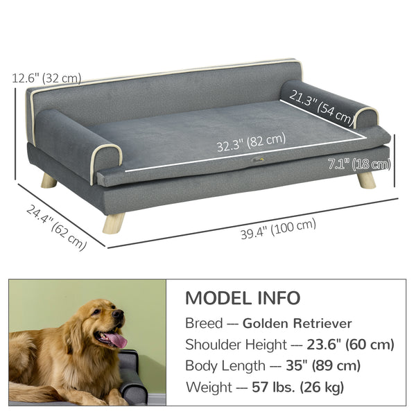 Elevated dog sofa bed with cushion, washable cover, wooden legs, for medium and large dogs, dark grey