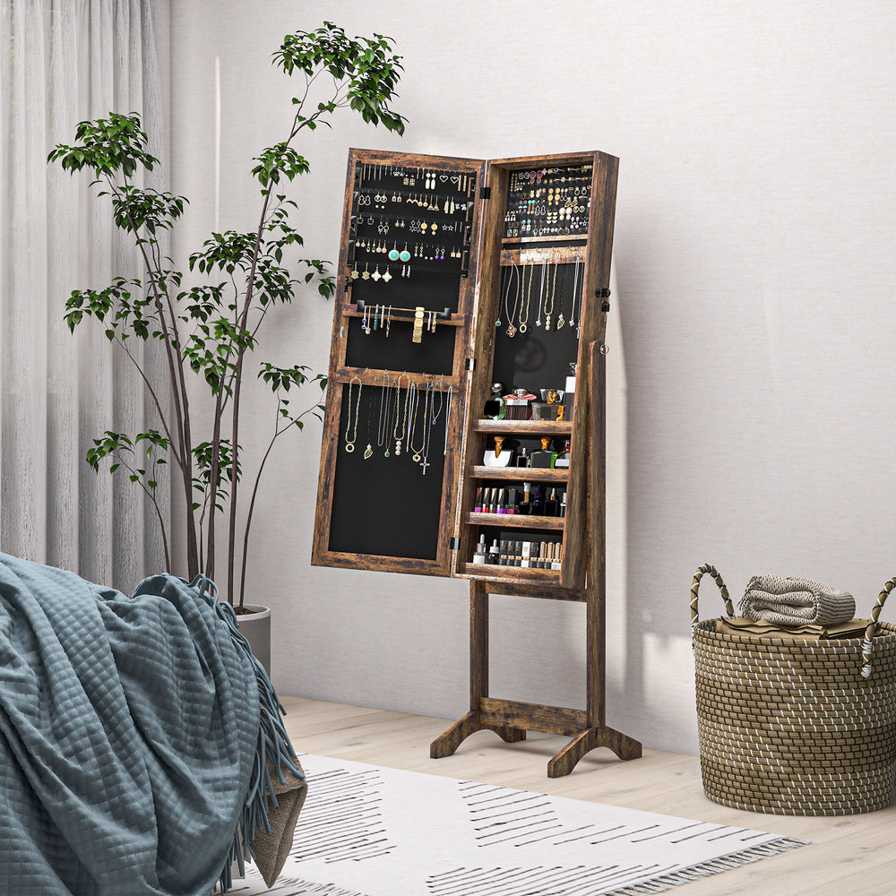 Lockable Jewelry Armoire with Full-Length Mirror and Jewelry Storage, Rustic Brown