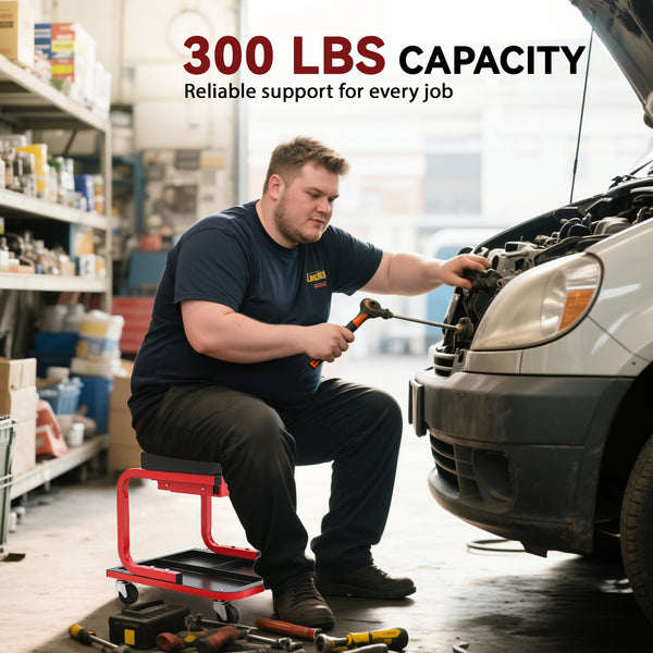 Rolling workshop stool with tool storage and drawer, black.