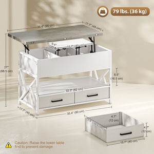 Lift-top coffee table with double adjustable surface, hidden storage, and 2 drawers – White and cement gray