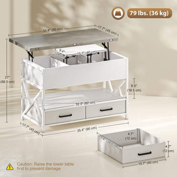 Lift-top coffee table with double adjustable surface, hidden storage, and 2 drawers – White and cement gray