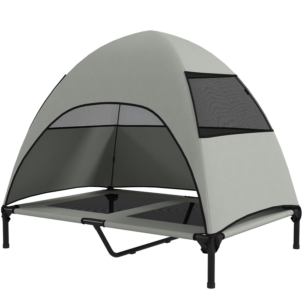 Elevated bed with canopy, steel frame and washable mesh, light gray