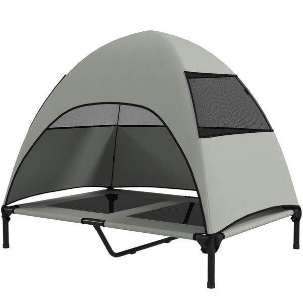Elevated bed with canopy, steel frame and washable mesh, light gray