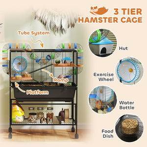 3-tier rolling cage with 18cm deep tray, for Syrian rodents, gerbils and rats