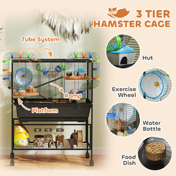 3-tier rolling cage with 18cm deep tray, for Syrian rodents, gerbils and rats