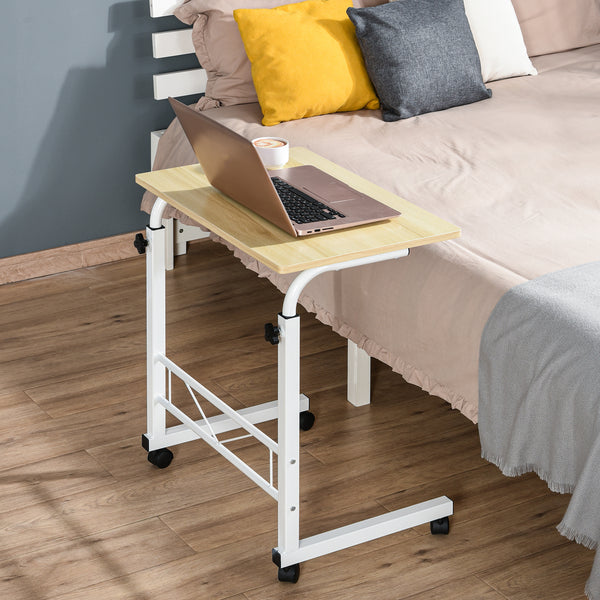 Height Adjustable Mobile Standing Desk with Casters, Natural Wood