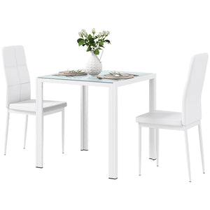 Glass Dining Table and Chair Set with Metal Frame and Faux Leather Upholstery, White