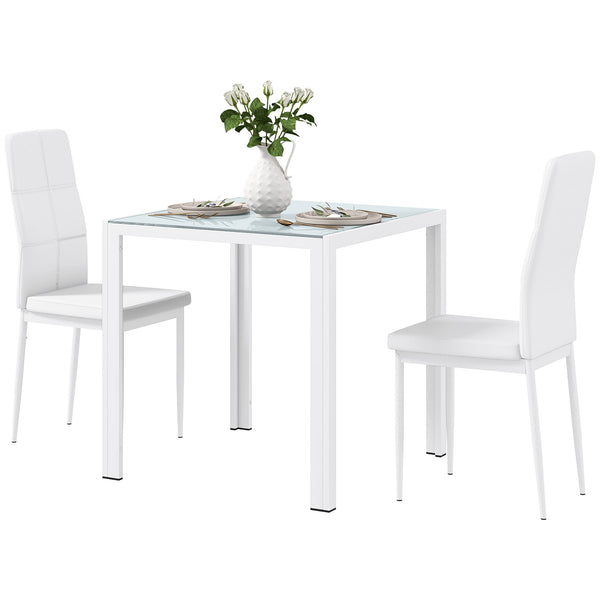 Glass Dining Table and Chair Set with Metal Frame and Faux Leather Upholstery, White