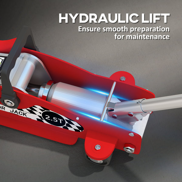2.5-ton extra-low profile hydraulic jack with lifting range up to 14.1 in