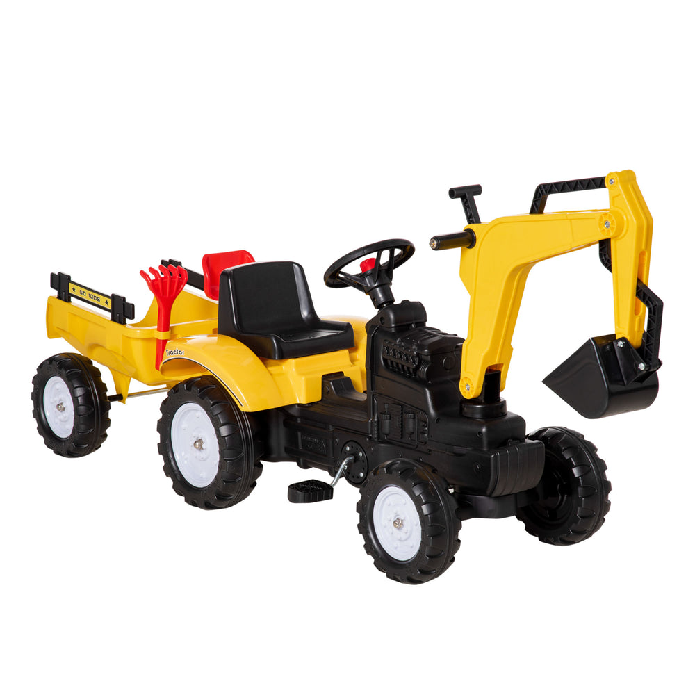 Pedal tractor with horn and removable trailer, yellow