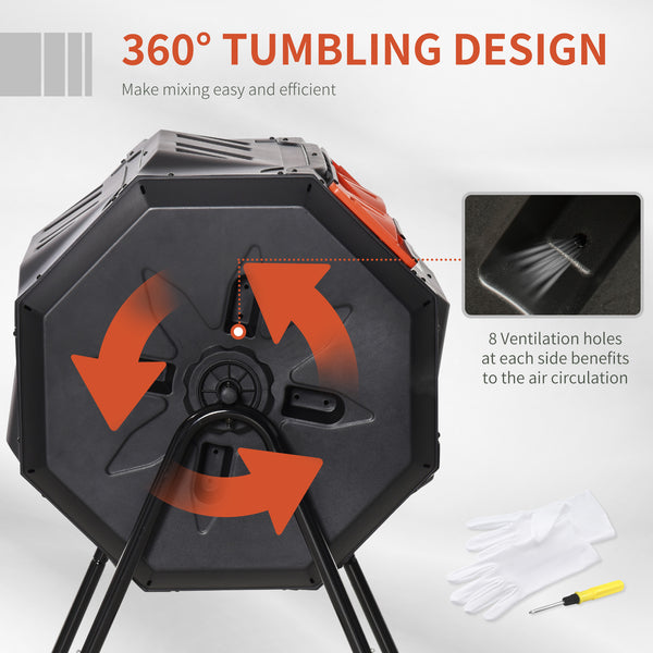 Double chamber rotary composter, 360° rotation, 163 litres, orange