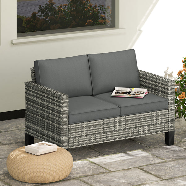 Two-seater outdoor rattan sofa with cushions and armrests, dark grey