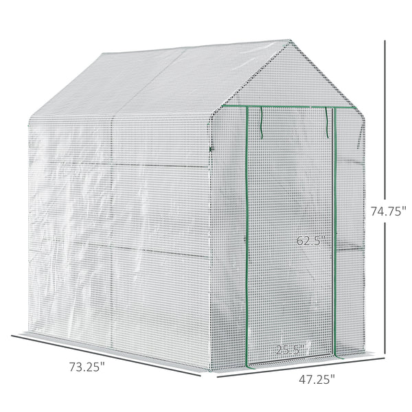Portable garden greenhouse with roll-up door and 4 shelves, white