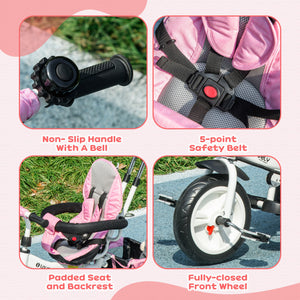 6 in 1 Tricycle with Basket, Canopy, 5-Point Safety Harness, Pink