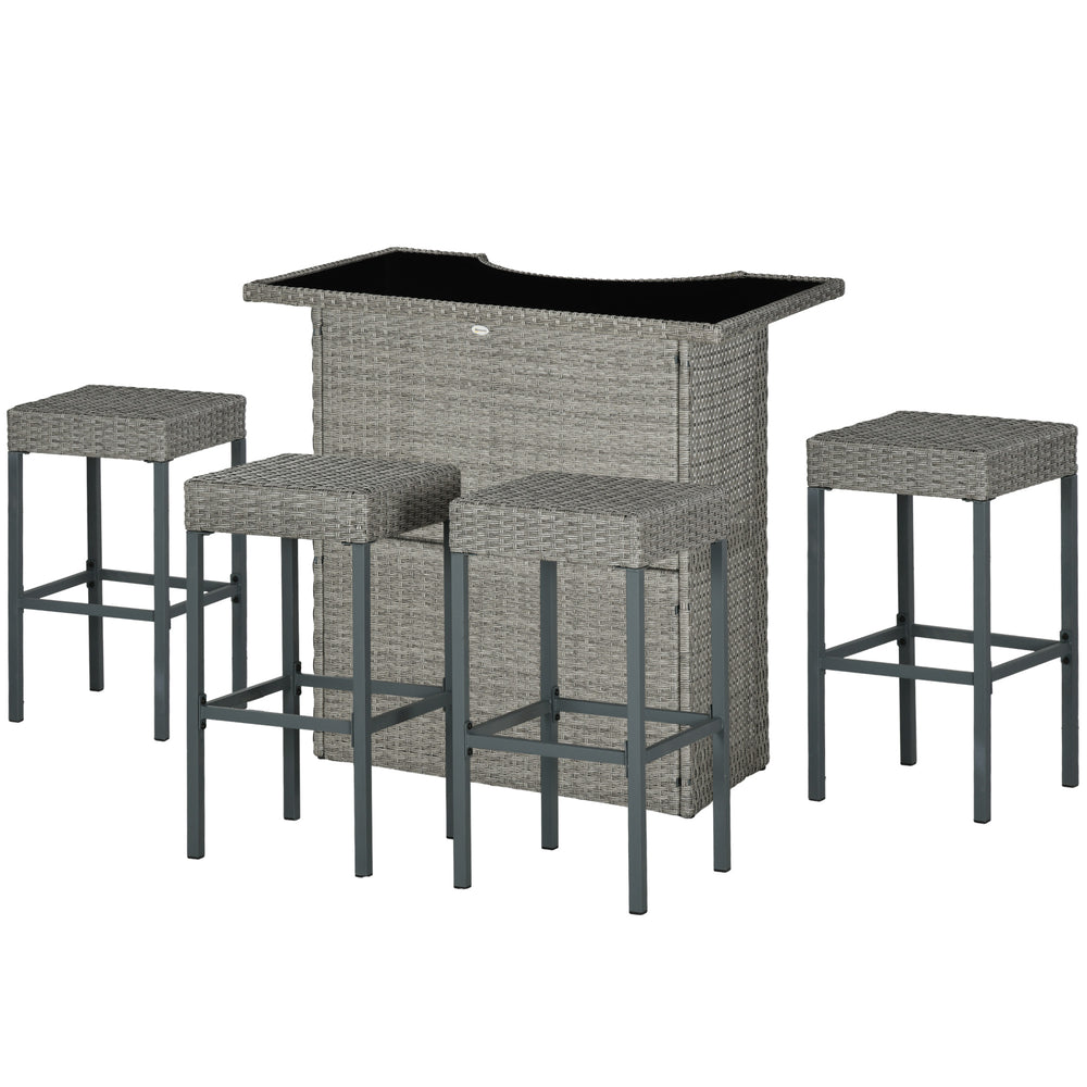 Ensemble de bar de terrasse 5 pièces gris en rotin synthétique avec table à plateau en verre trempé et 4 chaises hautes