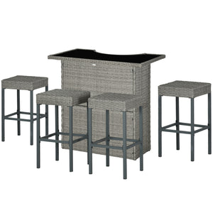 5-Piece Patio Bar Set, Synthetic Rattan Table and High Chairs, with Tempered Glass Top, Grey