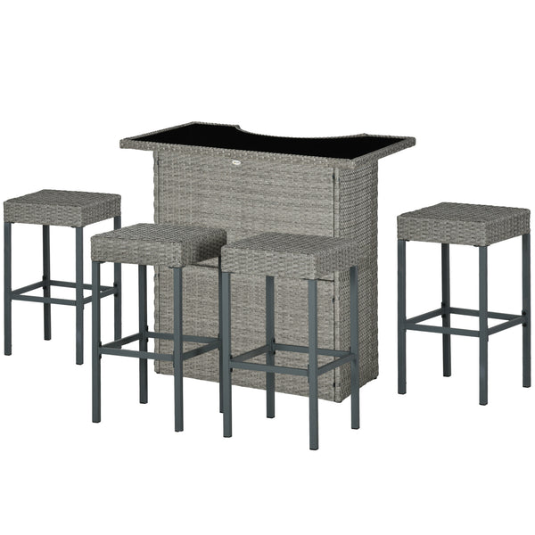5-Piece Patio Bar Set, Synthetic Rattan Table and High Chairs, with Tempered Glass Top, Grey