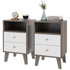 Set of 2 modern bedside tables with 3 drawers and open storage, gray