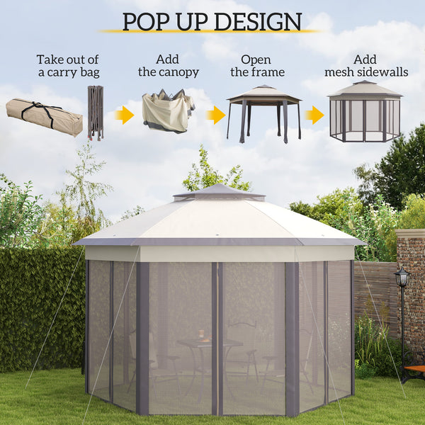 13' x 13' Folding Gazebo with Netting and Carry Bag, Hexagonal, Coffee and Beige