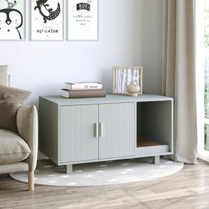 Litter box cabinet with scratching post, magnetic doors, grey