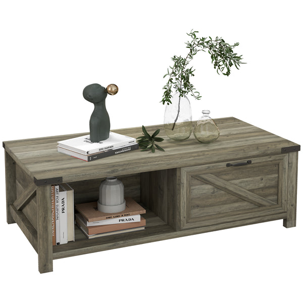 Rustic coffee table with drawer and storage shelf, gray
