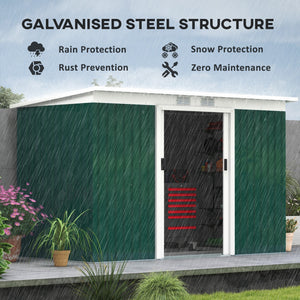 Metal garden shed with foundation kit, ventilation and doors, dark green
