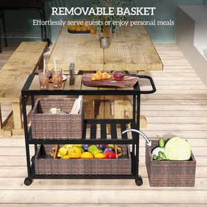 3-tier bar trolley with side handle and removable rattan basket