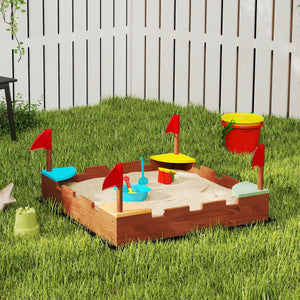 Wooden sandbox with flags, 4 built-in colorful corner seats, brown wood