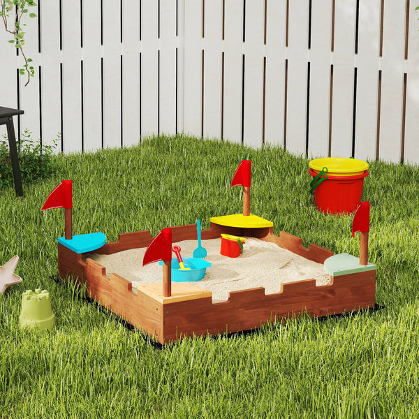 Wooden sandbox with flags, 4 built-in colorful corner seats, brown wood
