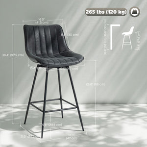 Set of 2 counter-height bar stools, upholstered in PU leather, with backrest, footrest and steel legs, black