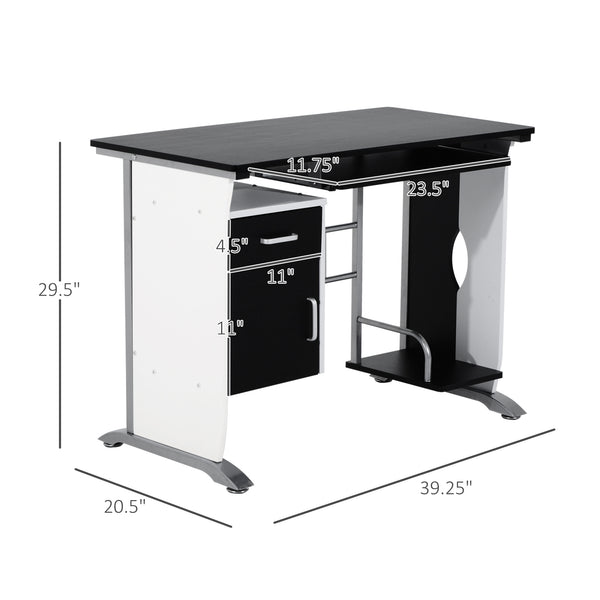 Computer Desk with Keyboard Tray and CPU Holder, Black and White