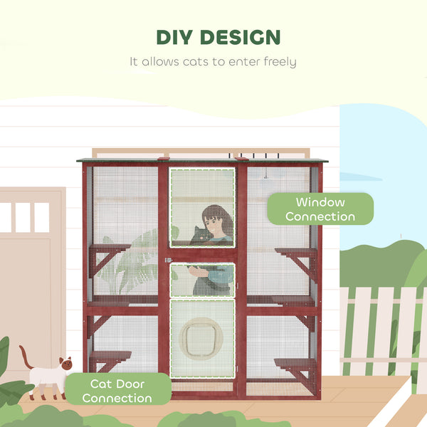 Wooden cat enclosure with 6 balanced platforms and asphalt roof, wine red