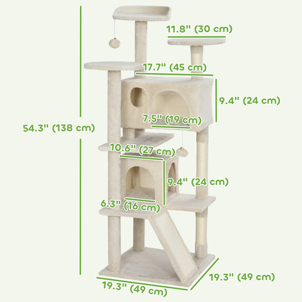 54-inch Multi-Level Cat Tree with Scratching Posts, Condos, Bed, Platforms, Beige
